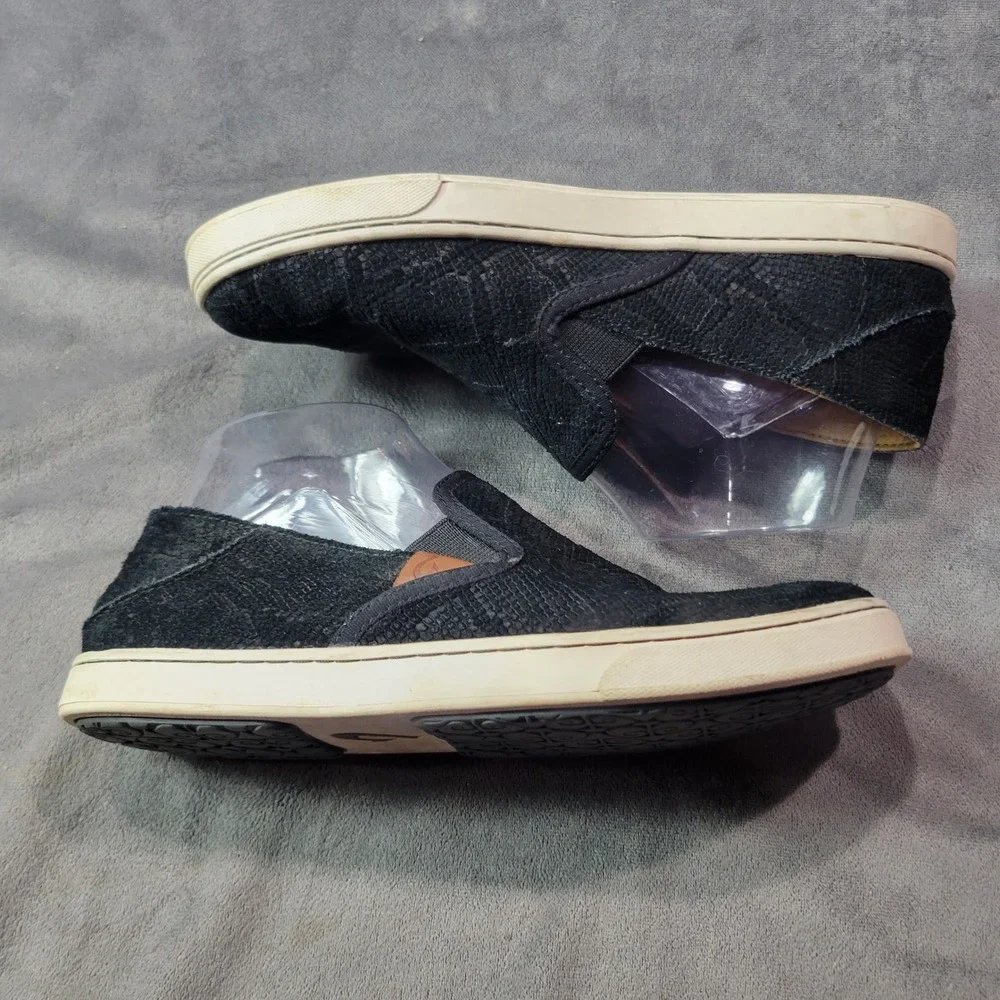 Olukai Pehuea Black Textured‎ Suede Slip On Sneakers Drop In Heel Womens